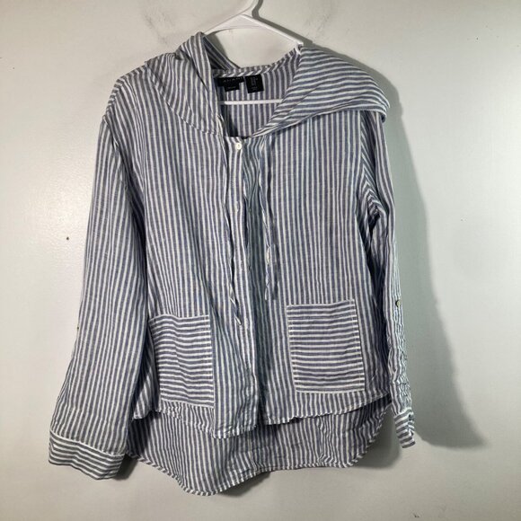 Womens Tahari Linen Button Striped Hooded Shirt White Blue M Linen Roll Tab Slee - Picture 1 of 9